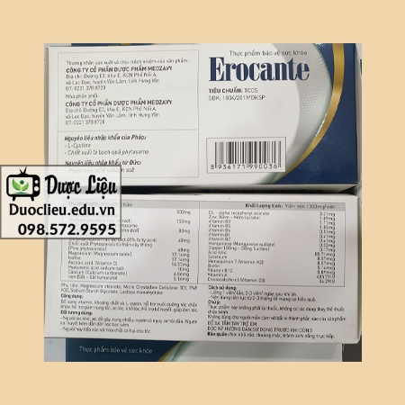 Bảng thành phần của viên uống Erocante