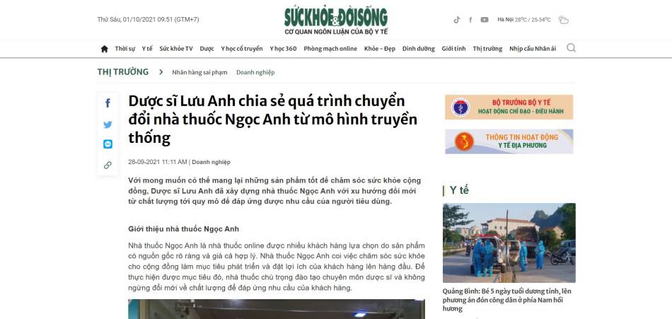 Báo Sức khỏe đời sống nói về nhà thuốc Ngọc Anh